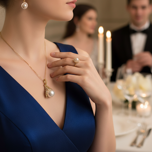 Due pezzi elegante alla moda Set di gioielli formali per le donne di alta qualità in metallo collana e anello per feste e regali - Product Image 3