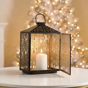 Wholesale Modern Handmade Christmas Home Decorative Black and <b>Gold</b> Metal Candle Holder <b>Lantern</b> with Custom Forest Cutwork - Product Image 1