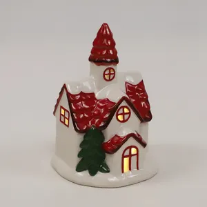 LED 중앙 장식 조명 크리스마스 장식 키가 큰 빨간 도자기 탁상 손으로 그린 휴일 집 교회 입상 세트