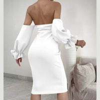 Robe Élégante Moulante à Volants à Taille Haute et Épaules Dénudées, Nouveau Modèle avec Taille Empire et Décoration Froncée pour Soirées