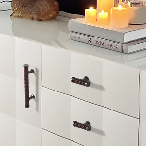 Leather Cabinet Door Handles Zinc Alloy Gold Finish Bar Shape Contemporary Design For Kitchen Wardrobe Drawer Furniture - Product Image 3