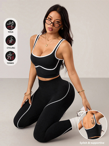 Conjunto de Yoga a Rayas Sin Costuras al por Mayor para Mujer, Sujetador Deportivo con Hombros Descubiertos, Leggings de Cintura Alta con Efecto Push-Up, Ropa de Gimnasio y Fitness OEM ODM - Product Image 6