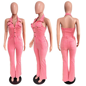 Women's Denim Fashion High Stretch Sexy Backless Lapel Pocket <b>Pants</b> Jumpsuit Fashion - Product Image 6