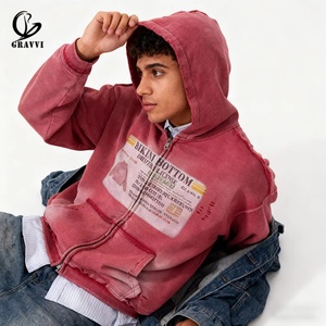 Custom 400GSM Fleece Distressed Raw Hem Drop Shoulder OEM ODM Private Label Oversized Vintage Washed Full Zip Hoodie - Product Image 3