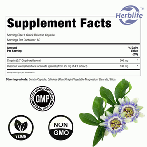 Capsules de chrysine OEM ODM pour hommes et femmes - Complément de chrysine 500 mg et extrait de fleur de la passion en poudre, 5,7-dihydroxyflavone, non-OGM - Product Image 3