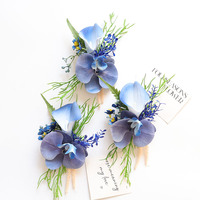 Boutonnières et corsages de poignet réalistes faits main en PU, tons bleus, pour mariages et banquets, avec lys calla et phalaenopsis, décorations pour verres à vin