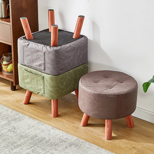 Pouf rond capitonné en tissu, repose-pieds moelleux avec pieds en bois massif pour salon, chambre, entrée, couloir - Product Image 3