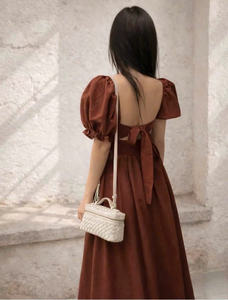 Vestido Midi de Línea A con Mangas Abullonadas y Cordones de Encaje Tejido Natural, Vestido Elegante para Fiesta, Servicio OEM - Product Image 3