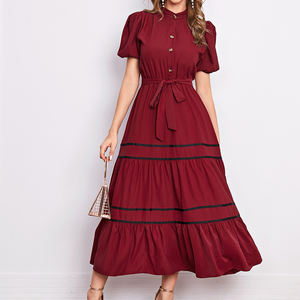 Robe midi décontractée à manches bouffantes et ourlet à volants, couleur unie, best-seller - Product Image 6