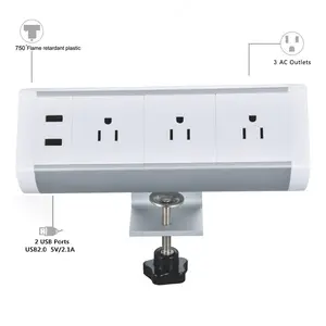 3 US AC power outlet 2 USB charging white Aluminum alloy high quality clamp on office desk edge tabletop mounted power socket