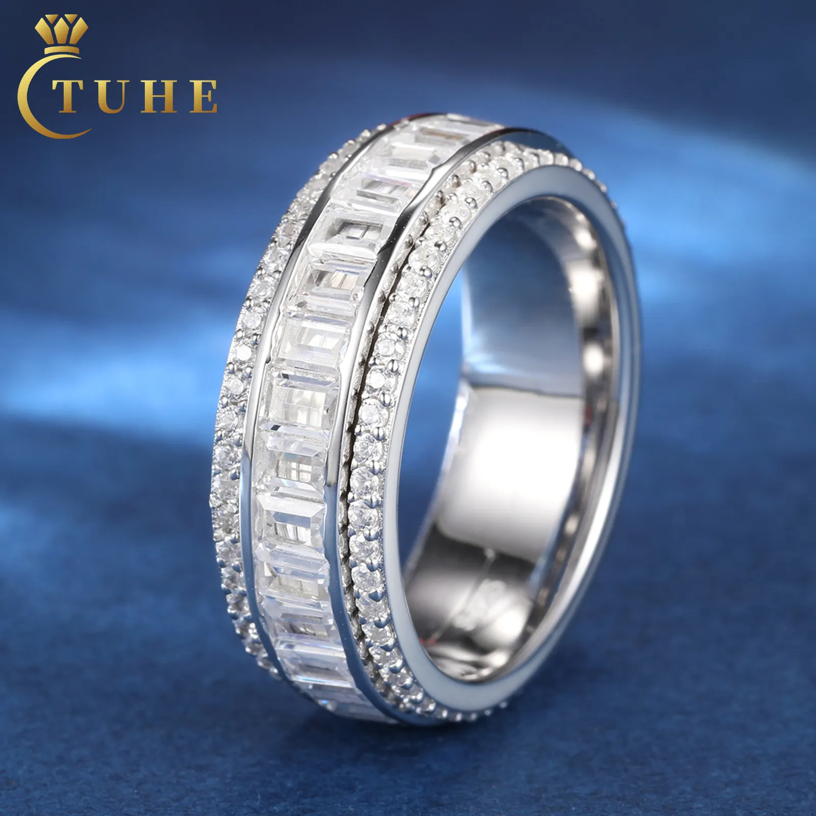 High Quality Engagement Jewelry 3 Rows Rotatable 925 Sterling Silver VVS Baguette Moissanite Diamond Wedding Band Ring