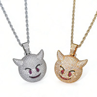 Collier Pendentif Émoji Diable Souriant Iced Out en Laiton CZ Doré Argenté avec Chaîne Corde, Bijoux Hip Hop pour Hommes Femmes, Cadeau