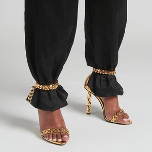 Custom Metal Heels Sandals Women Dress Stiletto Party Ankle Buckle Office Lady Shoes Open Square <b>Toe</b> High Slim Gold Heels - Product Image 6