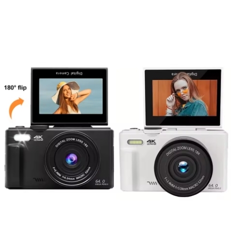 4K Digital Camera for Photography and Digital Zoom Camera 64MP Compact Vlogging Camera 3'' 180° Flip Screen
