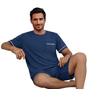 Ensemble short 2 pièces unisexe bleu marine, t-shirt col rond avec poche, coupe classique, décontracté, en coton tricoté extensible pour l'été - Product Image 2
