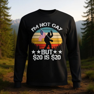 No soy gay, pero $20 son $20, camiseta de manga larga con diseño de la bandera de EE. UU. y Bigfoot Meme para hombre - Product Image 3