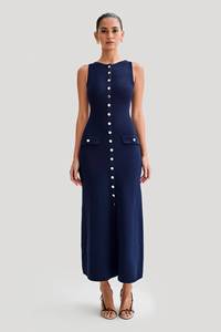 Bouton revers coupe ajustée tricoté femmes sans manches bouton O cou pull robe bouton côtes mince Ribeed élégant Maxi robe 2905 - Product Image 5