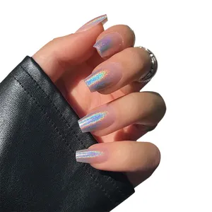 24pcs Medium Length Coffin Clear Long Nails Bling Sliver Glitter Fake Nails Wholesale Suppliers Natural Faux Ongles Stick On Nai