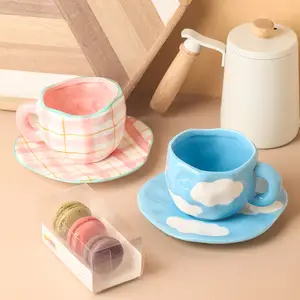 Custom Creative Unique Irregular Design Porcelain Ceramic Coffee Milk Water Cup Mug with Saucer