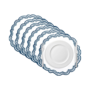 Reversible 14 \ "X 14 \" weiße/blaue Stoff-Tischs ets Baumwoll-Leinen mischung Easy Clean Wasch bare Esstisch matten Gestickte Jakobs muschel - Product Image 1