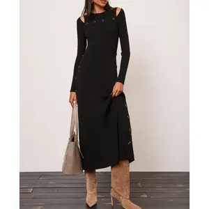 Haute Qualité Tricoté Noir Femmes À Manches Longues Robes Côtelées Midi Robe En Tricot Côtelé Avec Col Décolleté Bouton Avant