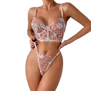 Fantaisie rose clair dentelle florale broderie soutien-gorge push-up culotte ensemble pour femmes Sexy Lingerie arc paillettes décoration pour rassemblements - Product Image 6