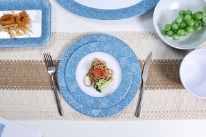 Mới Nhất Cao Cấp Sang Trọng Kết Cấu Màu Xanh Thiết Kế Nổi Giỏ Dệt Cạnh Tấm Phục Vụ Khay Bát Loạt Melamine Bộ Đồ Ăn - Product Image 2