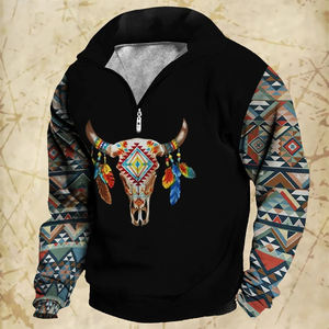 Logo personalizzato abbigliamento da uomo all'ingrosso moda Street Tribe modello di toro felpa da uomo ampio cappotto Vintage con cerniera - Product Image 4