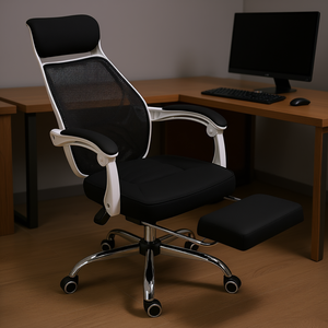 Chaise de bureau pivotante à dossier haut, noire et blanche, inclinable et réglable avec repose-pieds, base chromée, chaise de direction en tissu - Product Image 2