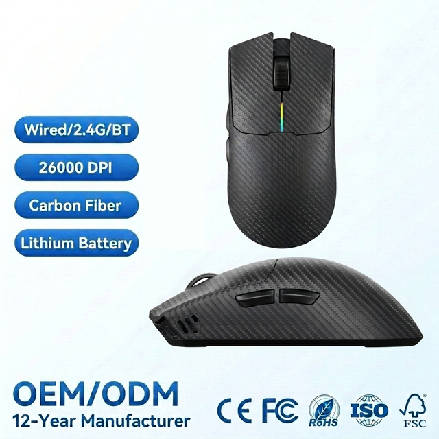 Ultra 8K Carbon Fiber Wireless Gaming Mouse PAW3950 MAX Sensor 51g 26000 DPI Wired/BT/2.4GHz 4-in-1 Ergonomic Right/Left-Handed