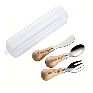 <span class=keywords><strong>Cubiertos</strong></span> portátiles de estilo occidental con mango corto y redondo de madera, acero inoxidable 304, logotipo grabado con láser, aptos para niños - Product Image 1