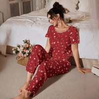 Pyjama ample pour femme, style européen et américain, à fleurs, manches courtes, respirant, extensible, côtelé, vêtements de détente