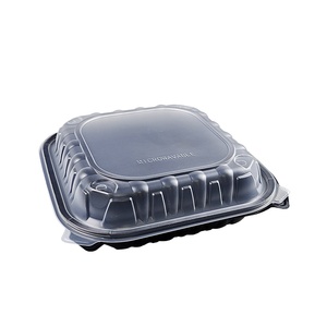 Boîte <span class=keywords><strong>à</strong></span> <span class=keywords><strong>sushi</strong></span> jetable en PP recyclable et écologique, 10x10 pouces, 3 compartiments, noire transparente, certifiée Shandong, compatible micro-ondes - Product Image 1