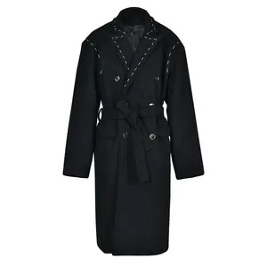 欧莱雅迪时尚手工上衣设计女士羊毛外套新款西装领领带腰黑色风衣夹克