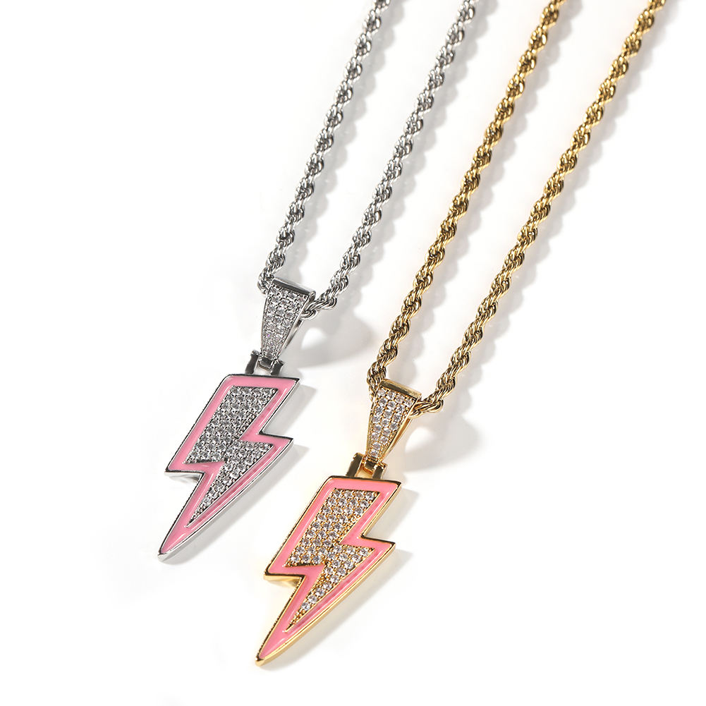 New Arrival Pink Oil Lightning Bolt Pendant Ice Out Zircon