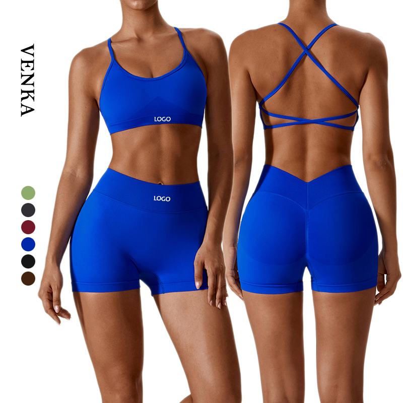 Wholesale Gym Clothing Seamless Women Sports Suit Beautiful Back Running Bra High Waist V Shape Waist Shorts Leggings Yoga Sets