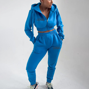Ensemble de survêtement deux pièces pour femme, personnalisé, de haute qualité, brodé, avec sweat à capuche zippé et pantalon de survêtement, bleu, pour l'hiver - Product Image 2