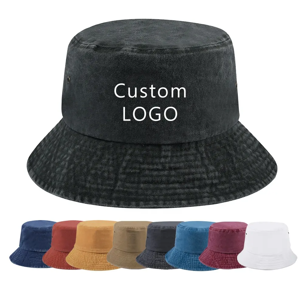 Designer outdoor flat top wide brim fisherman bucket hat unisex black cotton wholesale custom bucket hat with embroidery logo