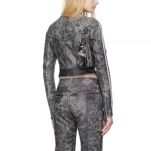 Nouvelle Collection : Ensemble en Cuir Femme de Haute Qualité – Veste Courte Zippée Sexy et Jupe Trapèze en Cuir Délavé Effet Acide - Product Image 2