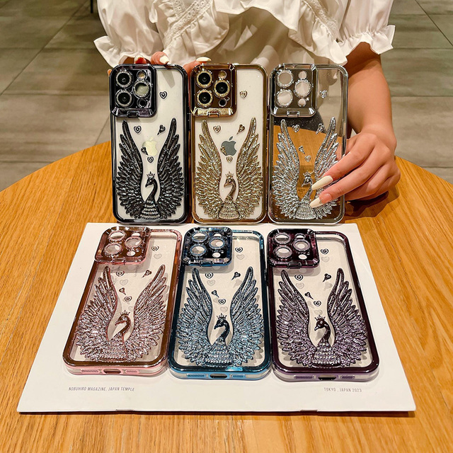 Glitter Swan Wing Holder Tpu Mobile Phone Case for iPhone 17 16 15 14 13 12 Pro Max Shockproof Lens Stand Silicone  Back Cover