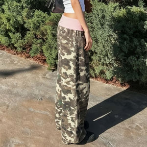 Pantalon large à taille contrastée rétro américain, pantalon décontracté tendance pour femmes, coupe slim - Product Image 2