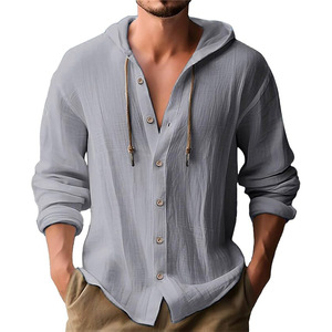 OEM ODM in stock <span class=keywords><strong>camicia</strong></span> a maniche lunghe da <span class=keywords><strong>uomo</strong></span> tinta unita con cappuccio cardigan in <span class=keywords><strong>lino</strong></span> di cotone alla moda e versatile da <span class=keywords><strong>spiaggia</strong></span> allentata - Product Image 4