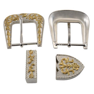 Logotipo personalizado de alta calidad Cliente Metal Aleación de zinc Latón Oro Vaquero occidental 3 piezas Correa de herradura Juego de hebillas de cinturón - Product Image 3