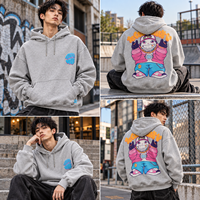 Sweat à capuche graphique Anime court gris chiné en coton avec impression DTG, logo en relief, style japonais Kawaii, streetwear Y2K Hip Hop pour hommes et femmes