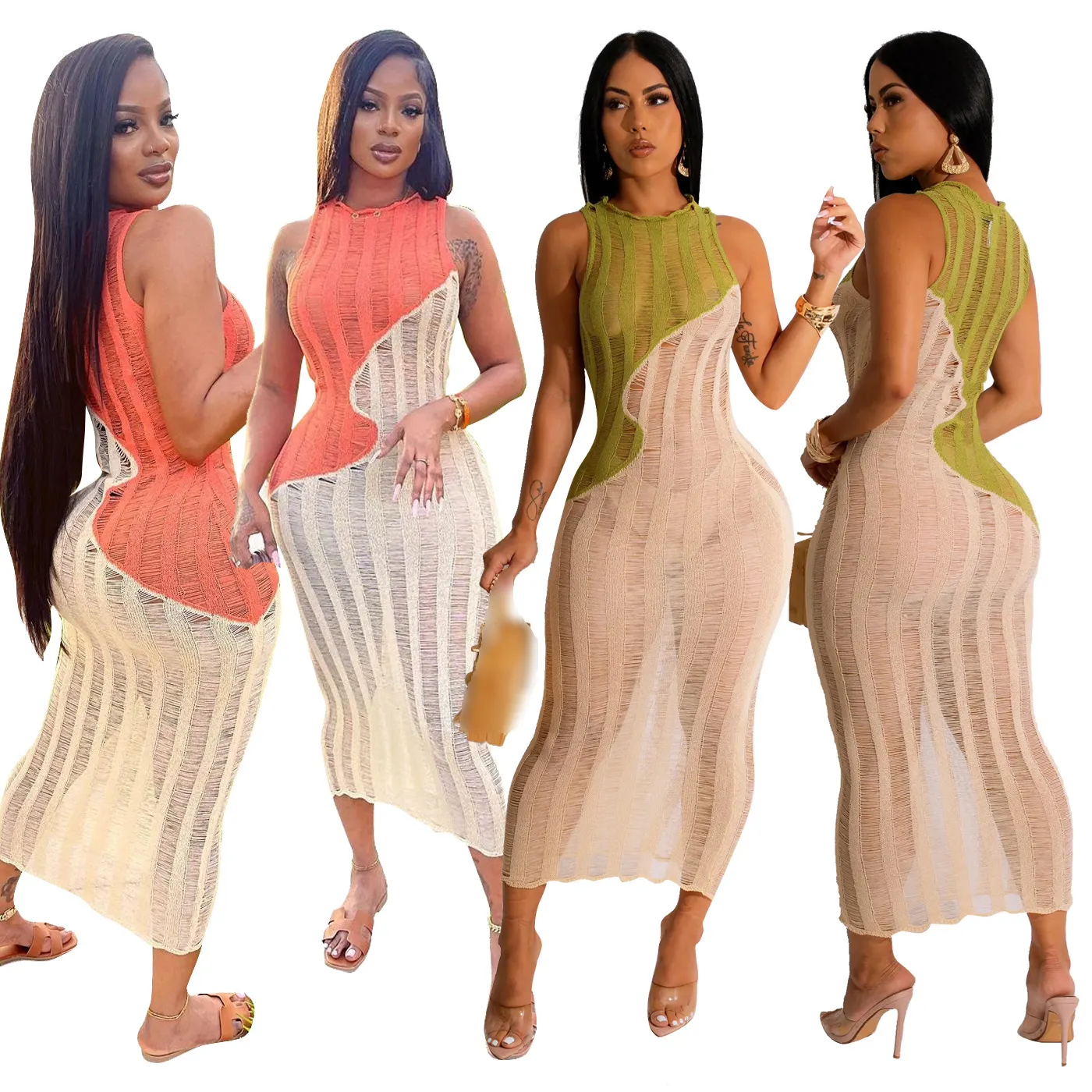BNTS1270-seksi kadın patchwork kontrast renk elbise oyulmuştur ince örme elbise kolsuz yaz uzun elbise