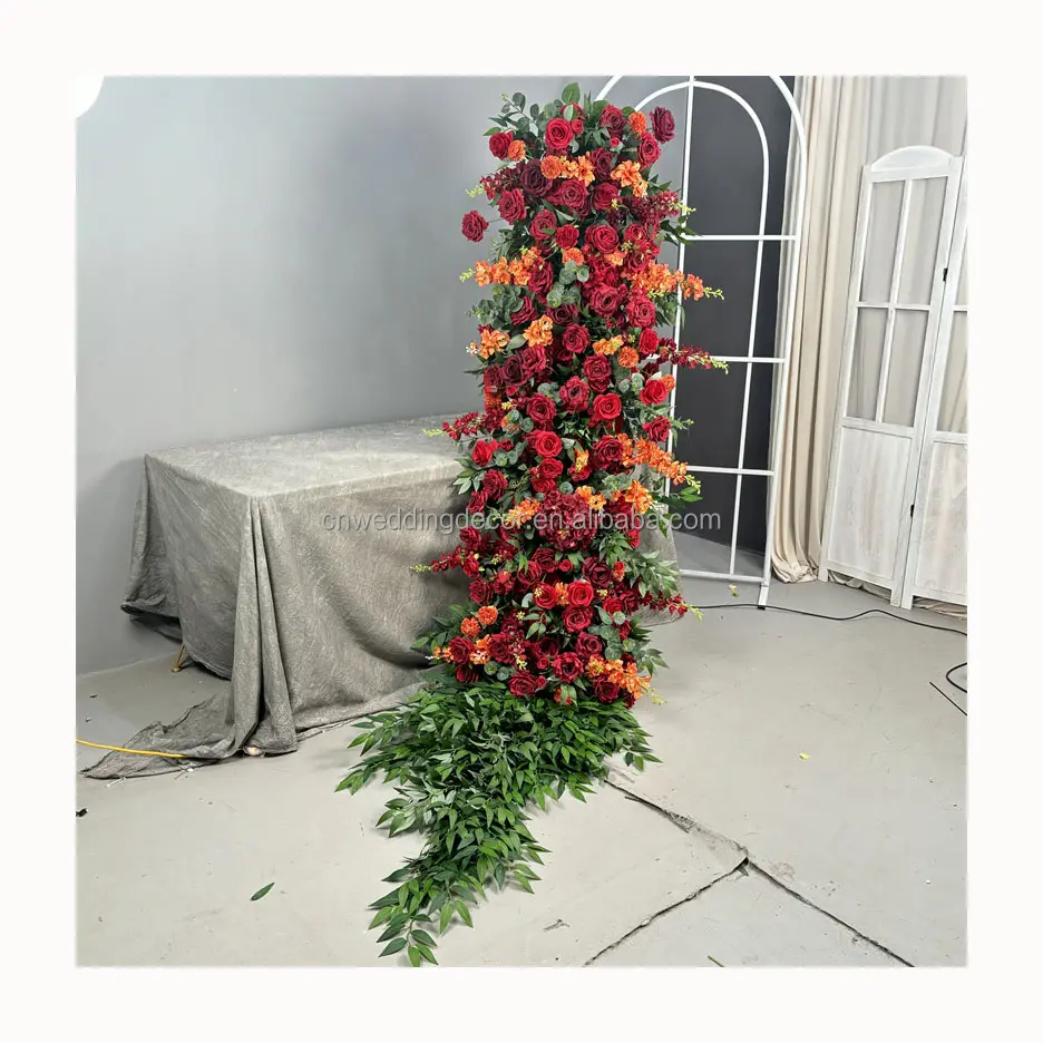 Unique Red Silk Rose Row Table Flower Runner Wedding Aisle Backdrop Stunning Floral Wedding Staircase For Wedding Decoration