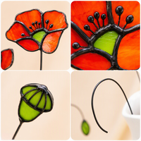 Ornement de table en verre teinté Art Déco fait main sur mesure, bouquet de coquelicots, remplissage de vase floral artificiel, décoration intérieure