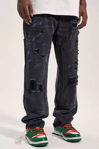 Pantalones Desgastados de Alta Calidad con Impuestos Incluidos <span class=keywords><strong>en</strong></span> EE. UU., Pantalones Ajustados Desgastados para Hombre, Pantalones Vaqueros Ajustados con Estampado de Camuflaje, Logotipo Personalizado, Pantalones Ajustados W57 - Product Image 2