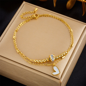 Chevillères assorties pour femmes, style français, double couche, avec coquille blanche souple en forme de cœur et perles en forme de barillet en cristal, pour la plage, en acier inoxydable, vente en gros - Product Image 2