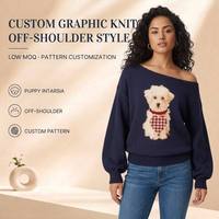 Pull pour femme de style doux, couleur marine, col en V, imprimé animal mignon, manches bouffantes en crochet, séchage rapide, respirant